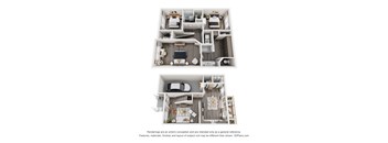 A 3D floor plan of a two-bedroom apartment with a kitchen and living room.