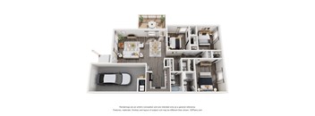 A 3D floor plan of a house with a kitchen, living room, and bedrooms.