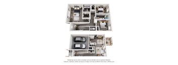 A 3D floor plan of a house with two bedrooms, a living room, a kitchen, a bathroom, and a garage.