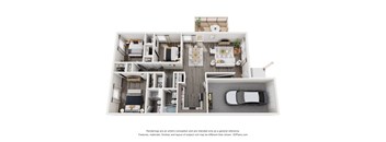 A 3D floor plan of a house with a kitchen, living room, and two bedrooms.