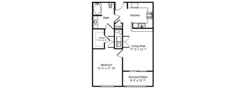 A floor plan of a small apartment with a living area, bedroom, bathroom, kitchen, and closet.