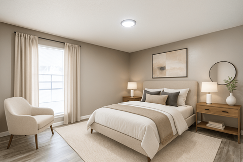 A bedroom with a large bed, a chair, and a window.