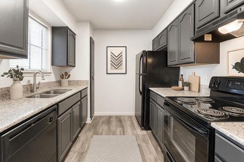 A kitchen with black cabinets and appliances.