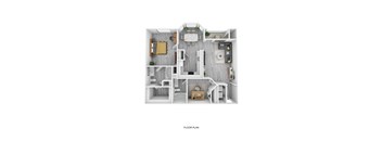 A floor plan of a small apartment with a kitchen, living room, and bathroom.