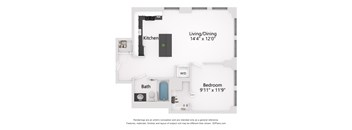 a floor plan of a bedroom with a bathroom and a living room