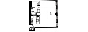 A black and white image of a floor plan with a door and a window.