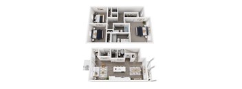 A top-down view of a two-story apartment layout with a living room, kitchen, and bedrooms.
