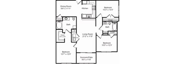 A black and white image of a floor plan for a house with a living room, dining room, kitchen, and four bedrooms.