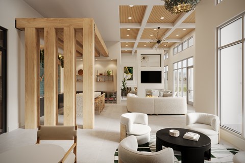 A modern living room with a wooden partition and a chandelier.