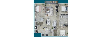 A top-down view of a well-organized apartment layout with multiple rooms and furniture.