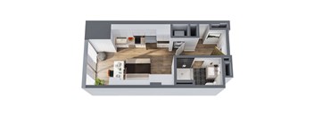 A 3D floor plan of a modern apartment with a kitchen, living room, and bathroom.