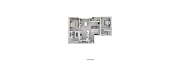 A floor plan of a small apartment with a kitchen, living room, and two bedrooms.