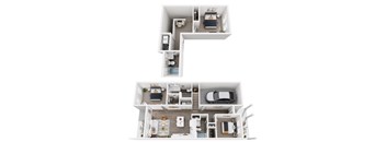 A top-down and bottom-up view of a small apartment layout.