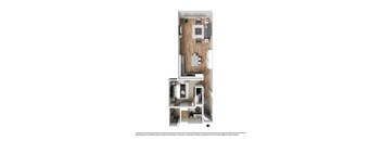 A floor plan of a small apartment with a kitchen, living room, and bathroom.