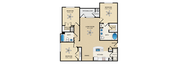 A floor plan of a house with two bedrooms, a living room, a dining room, a kitchen, a bathroom, a patio/balcony, and a walk-in closet.