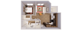 A dollhouse with a white bathroom and a bedroom.