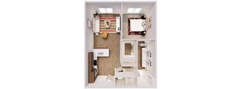 A small, modern kitchen with a white chair and table.