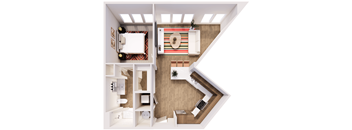 A top-down view of a small, modern apartment with a bedroom, living room, and kitchen.