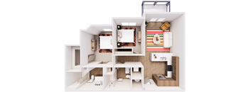 A white dollhouse with a kitchen and living room.