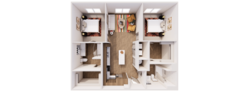 A top-down view of a small, modern, and well-organized apartment.