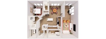 A dollhouse with a kitchen, living room, and dining area.