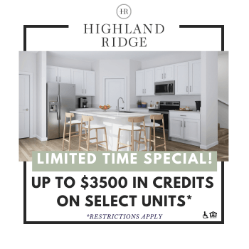 A promotional image for Highland Ridge offers up to $3500 in credits on select units.