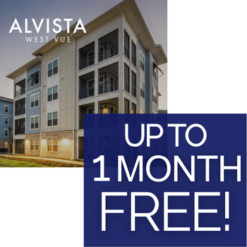 A building with a sign that says "Up to 1 month free!" in front of it.