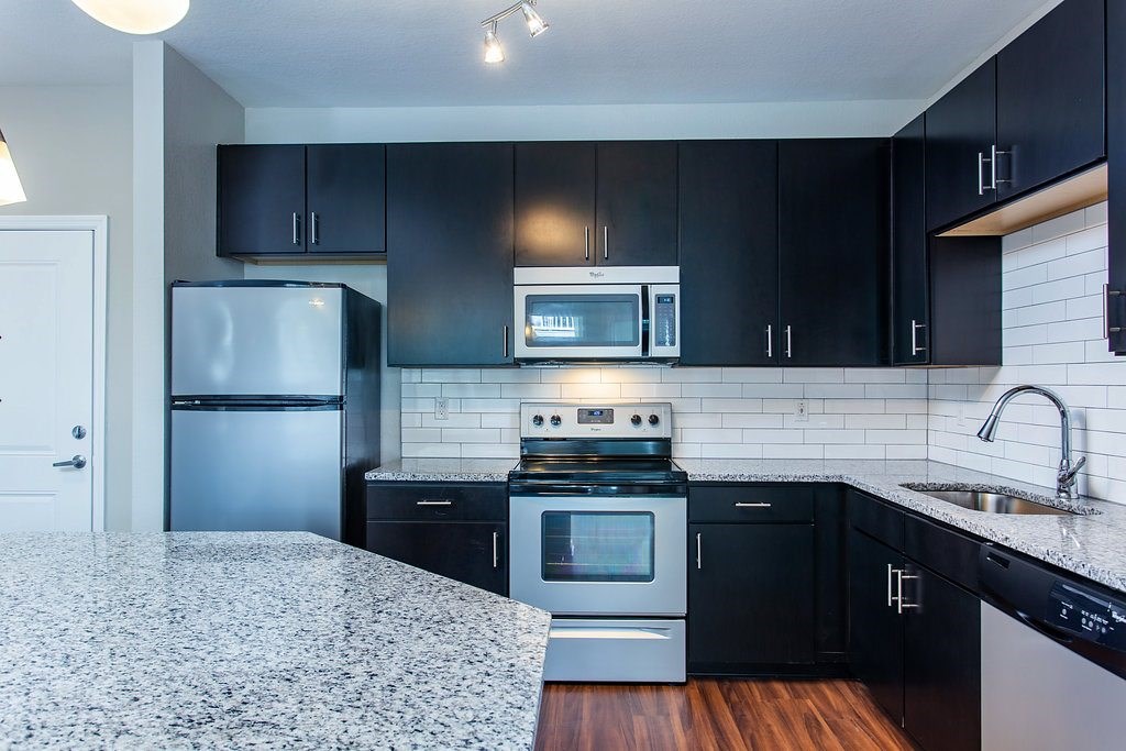 a kitchen with black cabinets and stainless steel appliances