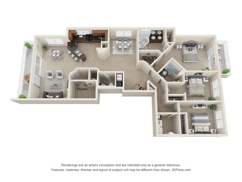 Cortina Three Bedroom Two and a Half Bath 3D Floor Plan Drawing