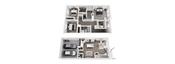 A top-down view of a two-story apartment with a living room, kitchen, and bedrooms.