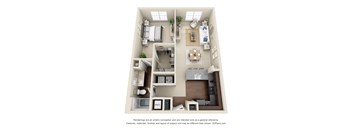 A 3D floor plan of a small apartment with a kitchen, living room, and bedrooms.