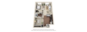 A 3D floor plan of a small apartment with a kitchen, living room, and bathroom.