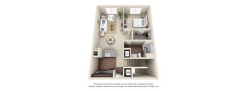 A 3D floor plan of a small apartment with a kitchen, living room, and bedrooms.