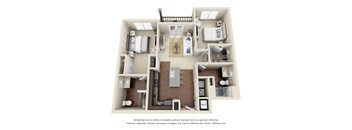 A 3D floor plan of a house with a kitchen, living room, and two bedrooms.