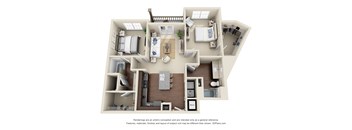 3D rendering of a two-bedroom, two-bath apartment home with an open-concept kitchen, center island, living room, walk-in closets, and private balcony.