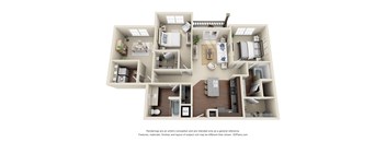3D rendering of a two-bedroom, two-bath apartment home with an open-concept kitchen, center island, living room, walk-in closets, and private balcony.