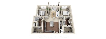 A 3D floor plan of a house with a kitchen, living room, and two bedrooms.