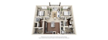 A 3D floor plan of a two-bedroom apartment with a living room, kitchen, and bathroom.