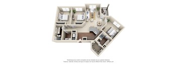 A 3D floor plan of a house with a kitchen, living room, dining room, and two bedrooms.