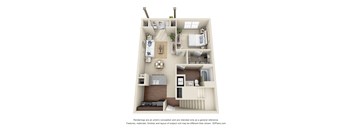 A 3D floor plan of a small apartment with a kitchen, living room, and bedrooms.