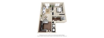 A 3D floor plan of a house with a kitchen, living room, dining room, and bathroom.