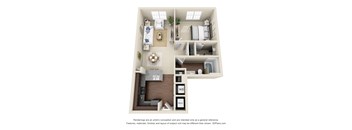 A 3D floor plan of a house with a kitchen, living room, and bedrooms.