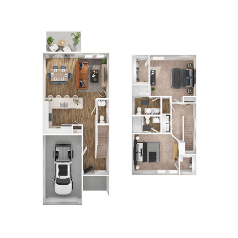 A floor plan of a house with a kitchen, living room, bedrooms, and bathrooms.
