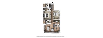 A floor plan of a two-story apartment with a living room, kitchen, and bedrooms.