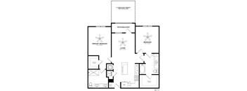 A black and white floor plan of a house with a living room, two bedrooms, a patio, and a walk-in closet.