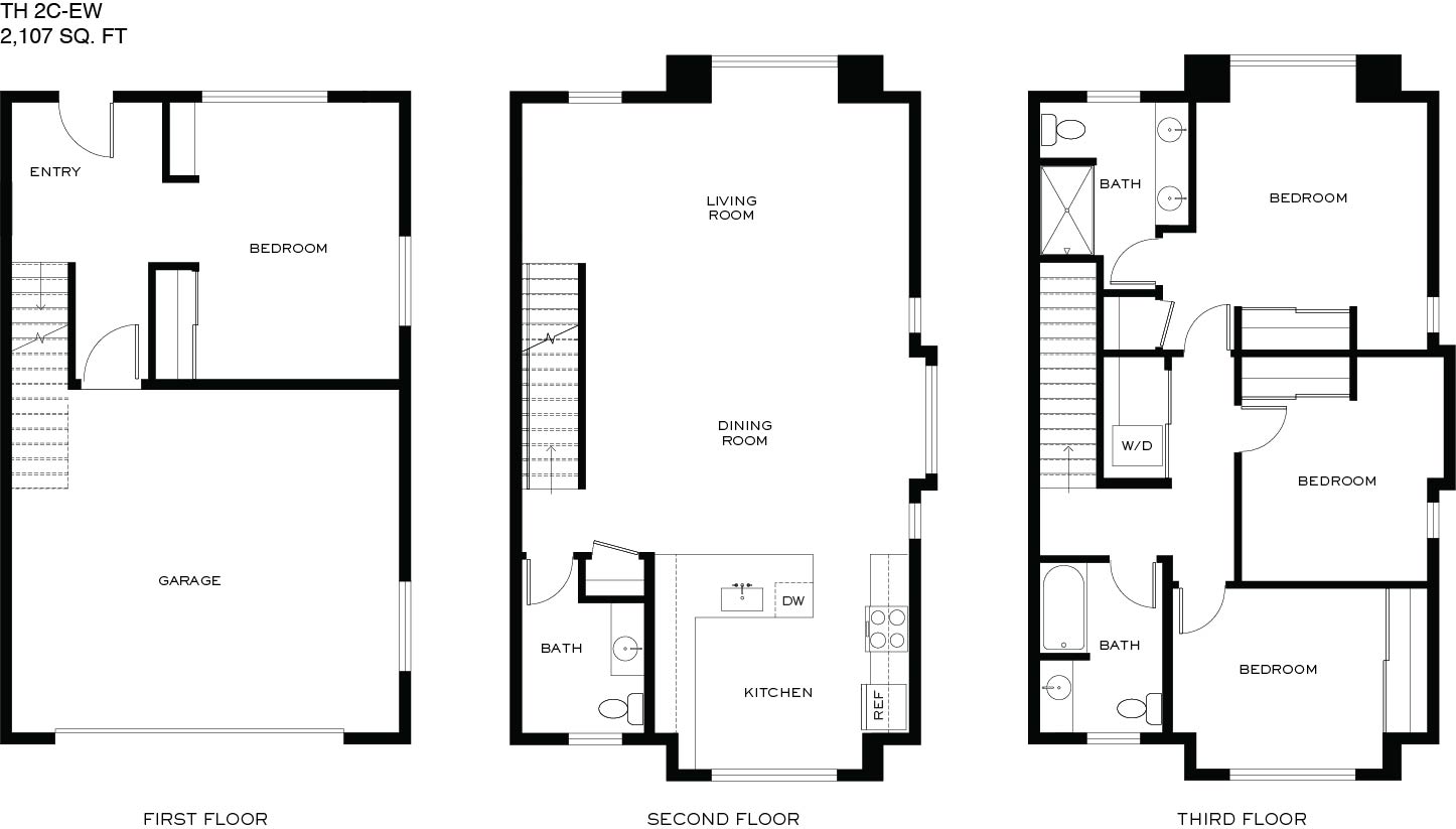 A set of three black and white floor plans for a 2,107 square foot home.