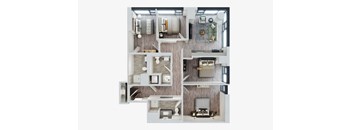 A top-down view of a small apartment with a kitchen, living room, and bathroom.