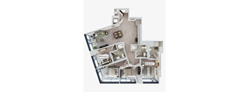 A diagram of a house with four bedrooms and a living room.