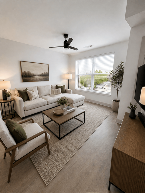 A living room with a white couch, a wooden chair, a coffee table, and a painting on the wall.