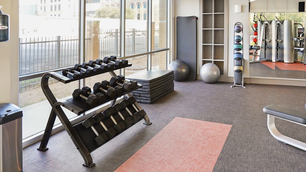 Free weights and yoga equipment